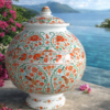 Handcrafted White Marble Pot with Lid – Floral & Peacock.