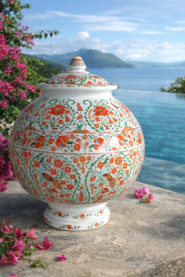 Handcrafted White Marble Pot with Lid – Floral & Peacock.