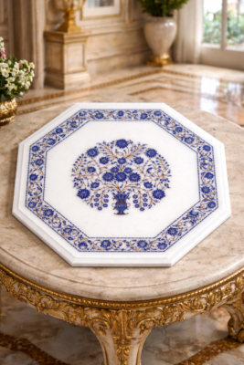 Marble Octagon Inlay table top with Blue Flooring.