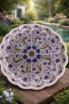 Handcrafted Marble Inlay Scalloped Plate with Blue Floral.