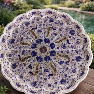 Handcrafted Marble Inlay Scalloped Plate with Blue Floral.